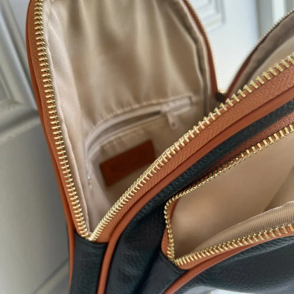 Valentina Italy Genuine Pebble Leather Convertible Backpack - Black/Tan